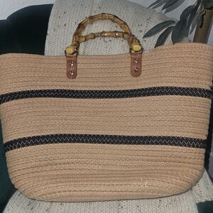 Tan Woven Tote Bag with Bamboo Handles